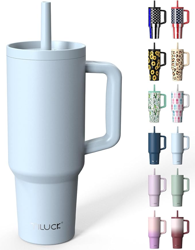 TILUCK 40 oz Tumbler with Handle, Vacuum Insulated Stainless Steel Travel Mug with 100% Leak-Proof Silicone Straw Lid, Cupholder Friendly Water Bottle(LightBlue, 40oz)