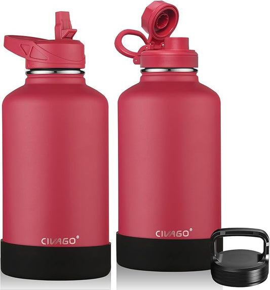 CIVAGO 64 oz Insulated Water Bottle With Straw, Half Gallon Stainless Steel Sports Water Flask Jug with 3 Lids (Straw, Spout and Handle Lid), Large Metal Thermal Cup Mug, Classic Red