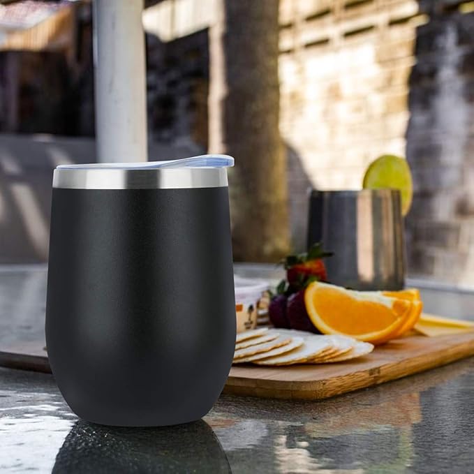 MEWAY 12oz Wine Tumbler 16 Pack Bulk Gifts for Women,Double Wall Vacuum Stainless Steel Travel Mug with Lid,Insulated Stemless Wine Cup Glass for Coffee,Cocktails,Drinks(Black,Set of 16)