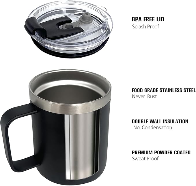 4pack 12oz Coffee Mug With Handle Bulk, Stainless Steel Insulated Travel Tumblers With,Double Wall Vacuum Camping Cup for Hot & Cold Drinks Tea (Black)