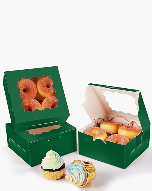 qiqee Deep Green Cookie Boxes with Window 36packs 6x6x3 Deep Green Bakery Box Pastry Box for Wedding Favor Birthday ＆ Party