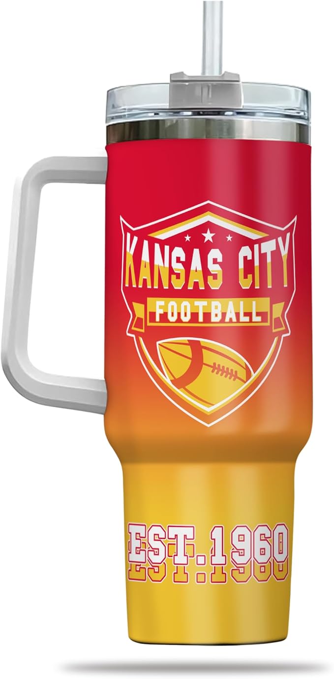 Personalized Football Insulated Travel Cup with Handle & Straw, 40oz Stainless Steel Tumbler, Custom Name & Number Mug, Tailgating Gift for Fans (Kansas City)