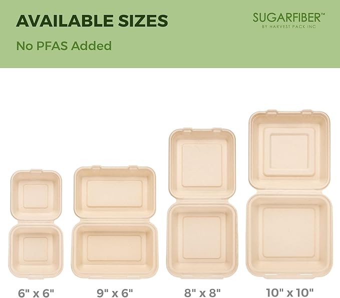 [50 COUNT]Harvest Pack PFAS FREE 8 X 8" Compostable Clamshell Food Containers, Heavy-Duty to go Hinged Container, Disposable Bagasse Eco-Friendly Natural Takeout to go Box, Made from Sugarcane