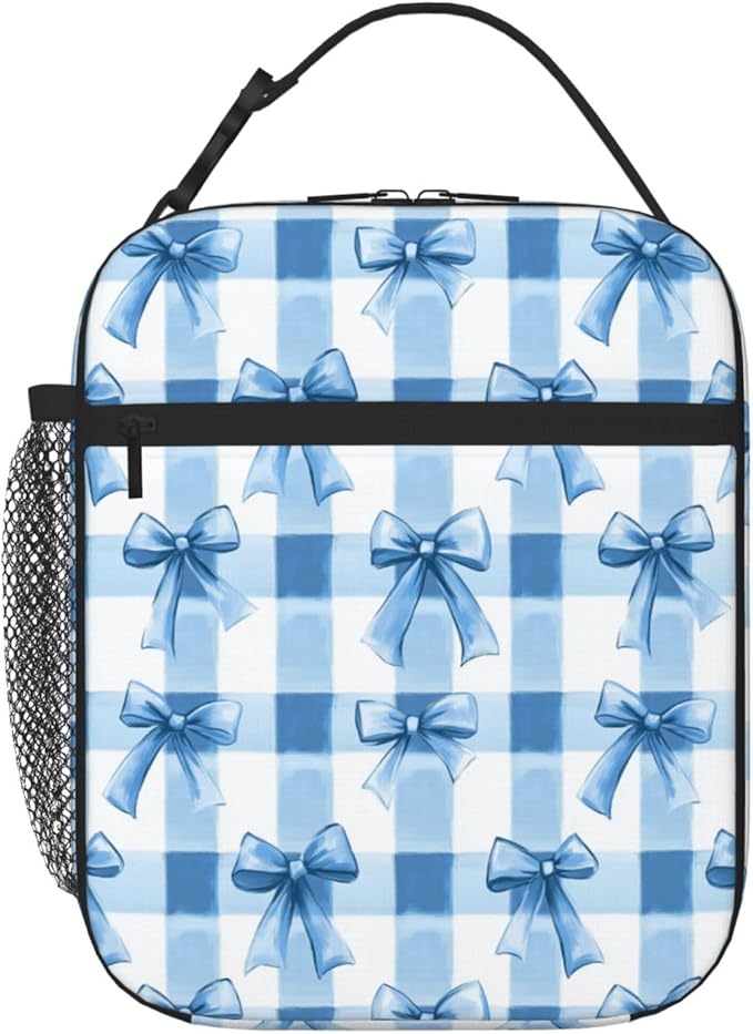 SUPLUCHOM Lunch Bag Blue Bows Check Insulated Bento Box Cooler with Side Pocket for Girl Boy Women Men Work School Picnic Hiking Daytrip