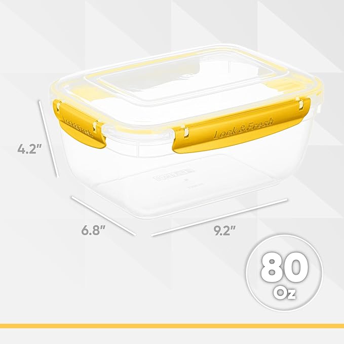 Superio Lock and Fresh Airtight Food Storage Containers with Lids for Kitchen Pantry Organization, BPA Free, Lunch, and Meal Prep Plastic Containers, 80 oz. Rectangular Sealed Container, Yellow