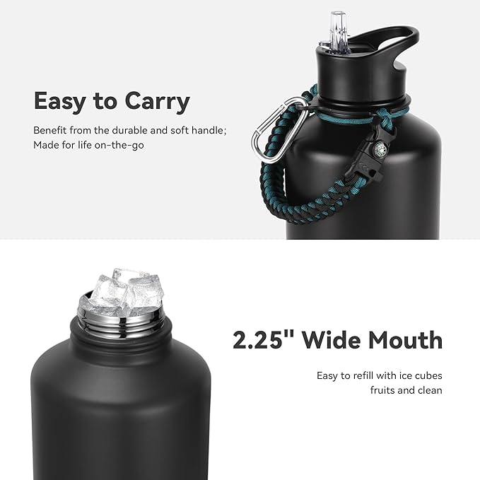 64 oz Insulated Water Bottle with Straw & Spout Lids, Stainless Steel Metal Half Gallon Water Jug with Paracord Handle, Double Wall Vacuum, Leakproof, Keep Drinks Cold & Hot, Black Gray Gradient