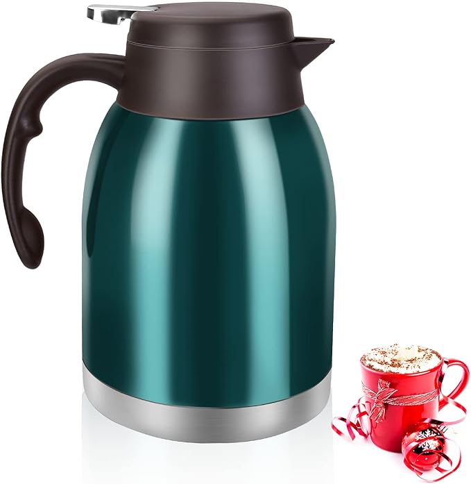 54oz Stainless Steel Thermal Coffee Carafe Dispenser, Unbreakable Double Wall Vacuum Flask 1.6L Water Tea Pot Beverage Pitcher for Hot Coffee for Christmas Carafe (Green)