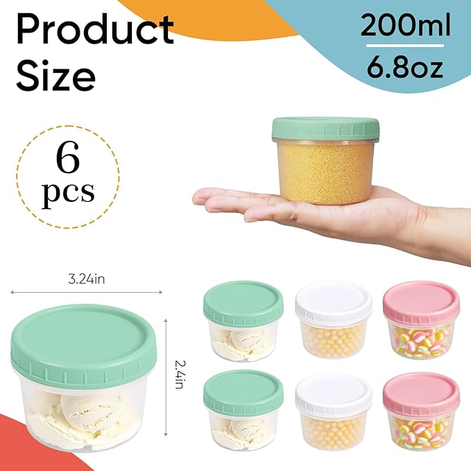 ASEVAT 6.8oz 6Pack Small Food Containers with Lids Salad Dressing Container Reuseable Snack Container Plastic Jar Freezer Storage Jars, Leakproof/Microwave/Dishwasher Safe
