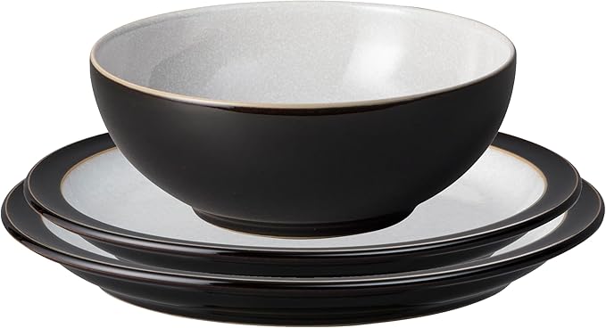 Denby - Elements Black 3 Piece Set For 1 - Contemporary One Person Ceramic Tableware - Dishwasher & Microwave Safe, Scratch Resistant Stoneware - Includes 1 x Large Plate, Side Plate & Cereal Bowl