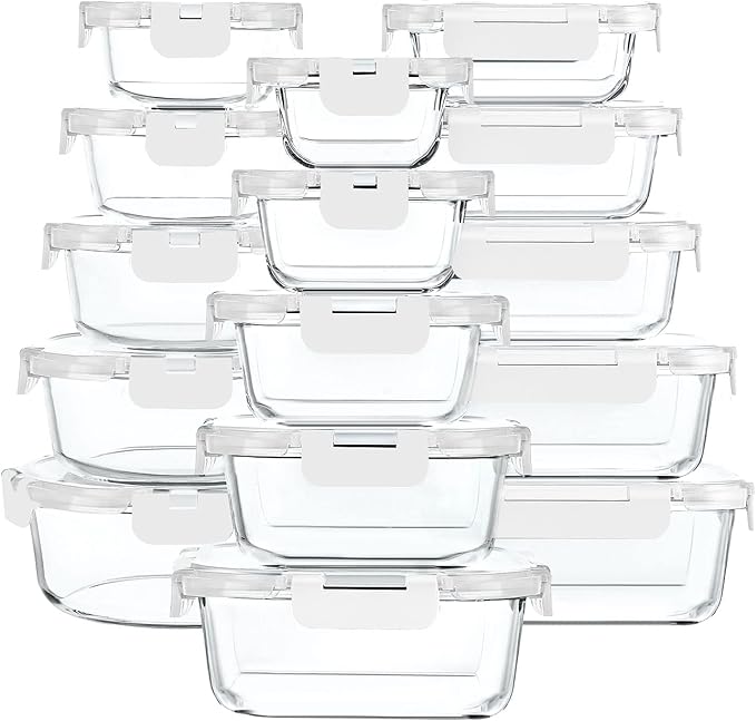 30 Pieces Glass Food Storage Containers with Upgraded Snap Locking Lids,Glass Meal Prep Containers Set - Airtight Lunch Containers, Microwave, Oven, Freezer and Dishwasher Friendly (White)