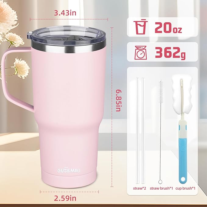 20 oz Insulated Coffee Mug with Ceramic Coating, Stainless Steel Travel Mug Tumbler with Handle Lid and Straw, Double Wall Leak-Proof Coffee Travel Mug Keeps Drink Hot and Cold (Pink)