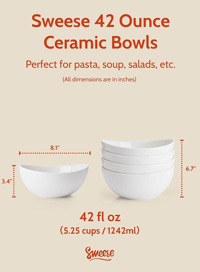 Sweese 42oz Porcelain Serving Bowls - Set of 4, 8-Inch White Bowls for Salad, Soup, Pasta & More - Microwave, Dishwasher & Oven Safe