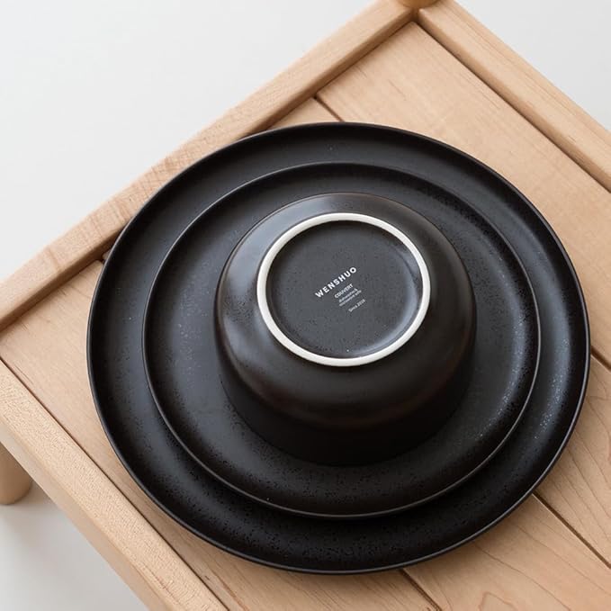 Stoneware Plates and Bowls Set - 12pcs Reactive Glazed Dinnerware Service for 4, Scratch & Chip Resistant(Ink Spot Brown)