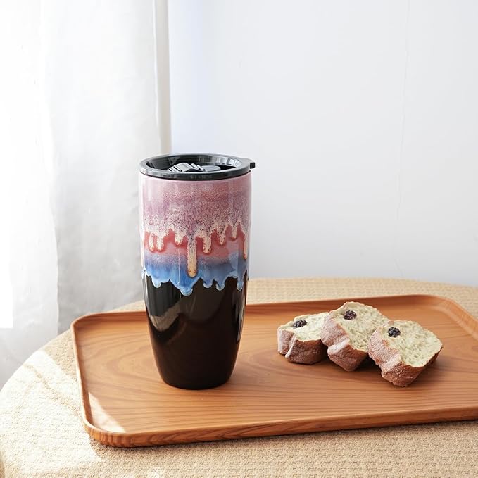 Bosmarlin Ceramic Travel Coffee Mug with Lid, 21 oz, Portable Coffee Cup for Car Cup Holder, Microwave and Dishwasher Safe, Reactive Glaze