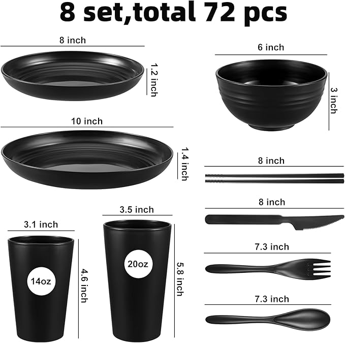 72 Pcs Plates and Bowls Sets, Unbreakable Wheat Straw Dinnerware Set Service for 8, Plastic Dish Set, Reusable Plates Bowls Cups for Kitchen, Camping, Outdoor, Dorm Microwave & Dishwasher Safe, Black