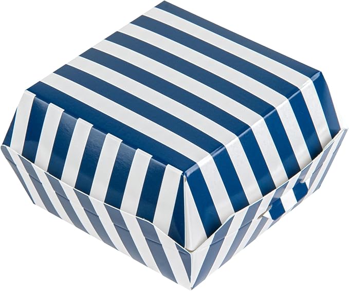 Restaurantware 2.8 x 2.8 x 2 Inch Mini Burger Boxes 100 Clamshell Food Containers - Hinged Lid Striped Blue And White Paper Take Out Boxes Serve Sliders Or Finger Foods