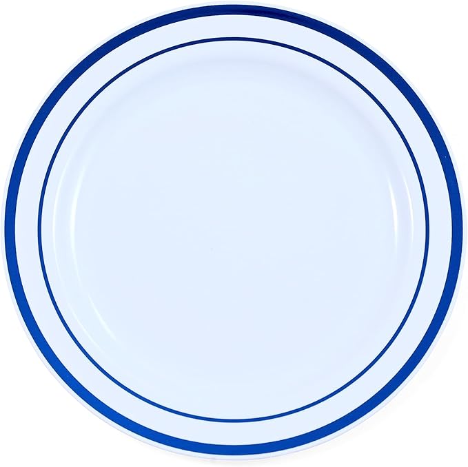 120-Piece Salad Plastic Plates Set - Premium Disposable Plates for Party - White with Blue Rim