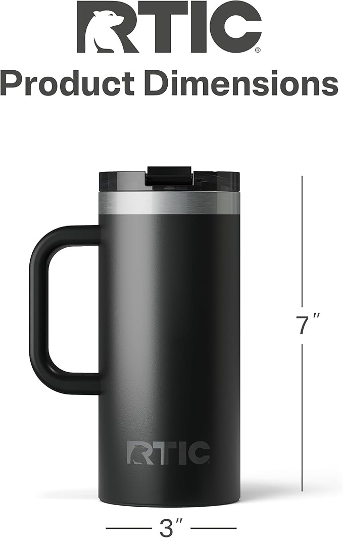 RTIC 16oz Road Trip Travel Mug with Lid and Handle, Ceramic Lined, Insulated, Stainless Steel, Metal, Double Wall Vacuum-Insulation, Portable Coffee, Tea Cup for Hot and Cold Drink, Black