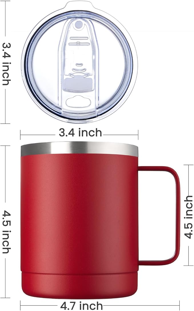 MEWAY 12oz Coffee Mug With Handle 2 Pack Bulk,Stainless Steel Insulated Travel Tumblers With Sliding Lid,Double Wall Vacuum Camping Cup for Hot & Cold Drinks Tea (Red,Set of 2)