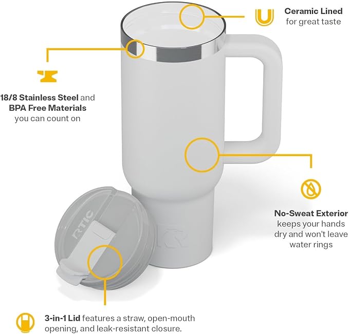 RTIC 30 oz Road Trip Tumbler Double-Walled Ceramic Lined InsulatedStainless Steel Portable Travel Coffee Mug Cup with Lid, Handle and Straw, Cool Grey