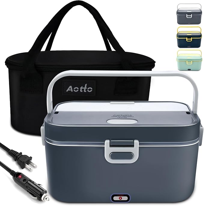 Aotto Electric Lunch Box 2L, 90W Fast Heating (12V/24V/110V) Heated Portable Food Warmer for Car/Truck/Office – Stainless Steel Container, Insulated Carry Bag – Ideal for Adults, Men, Women, Grey