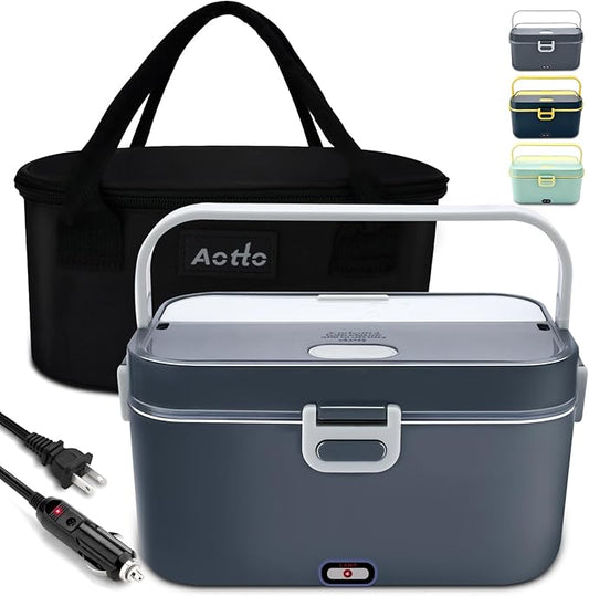 Aotto Electric Lunch Box 2L, 90W Fast Heating (12V/24V/110V) Heated Portable Food Warmer for Car/Truck/Office – Stainless Steel Container, Insulated Carry Bag – Ideal for Adults, Men, Women, Grey