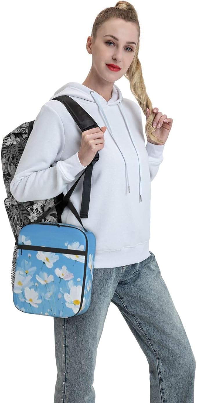 SUPLUCHOM Lunch Bag Flower Painting Blue Insulated Bento Box Cooler with Side Pocket for Girl Boy Women Men Work School Picnic Hiking Daytrip