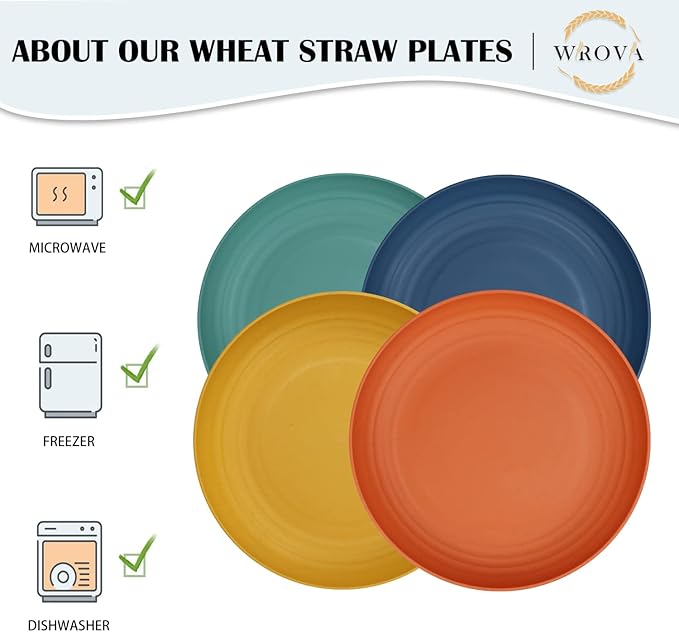 Wrova Wheat Straw Plates - 8 Inch Unbreakable Dinner Plates Set of 8 - Dishwasher & Microwave Safe Plastic Plates Reusable - Lightweight Plate for kitchen,R.V. (Colorful Series)