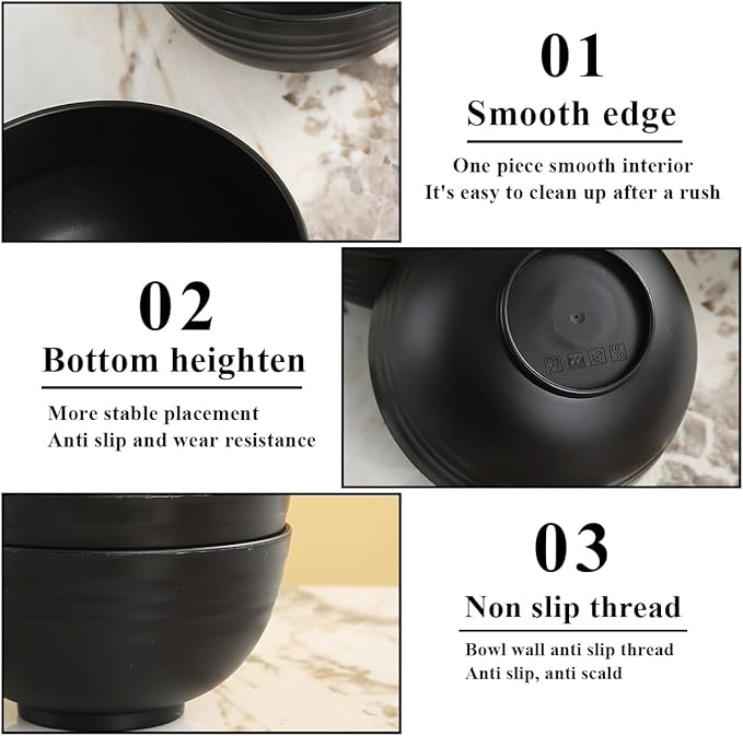 Berglander Black Plastic Bowls Set of 12 Pieces 25oz, Reusable and Sturdy Ramen Bowl, Soup Bowls, Cereal Bowl for Adult, Kids, Home, Restaurant, Garden, Picnic, Camping, Poolside, Outdoor