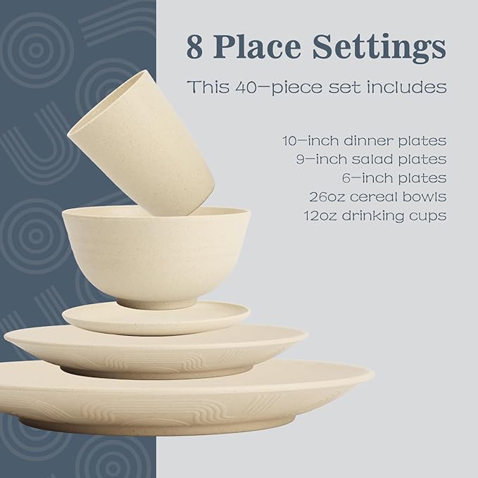 40 PCS Wheat Straw Dishes Sets | Reusable Dinnerware Set for 8 - Dinner Plates, Cereal Bowls, Drinking Glasses Unbreakable Plastic Plates and Bowls Sets Microwave Safe for Kitchen - Beige