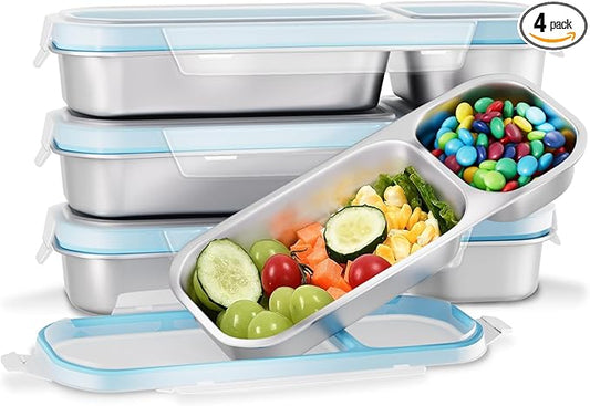 Stainless Steel Snack Containers for Kids Adults, 4 Pack 2 Compartment Metal Snack Containers Box with Lid, Reusable Food Storage Container, Leak Proof, Grab and Go