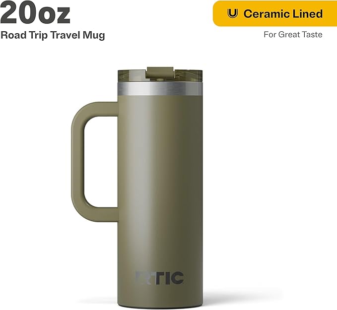 RTIC 20oz Road Trip Travel Mug with Lid and Handle, Ceramic Lined, Insulated, Stainless Steel, Metal, Double Wall Vacuum-Insulation, Portable Coffee, Tea Cup for Hot and Cold Drink, Olive