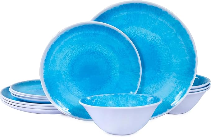 Melamine Dinnerware Sets 12 Pcs, Melamine Plates and Bowls,Party Plates and Bowls Sets, Camping Dishes Set for 4, Unbreakable, BPA Free, Dishwasher Safe (Lake blue)