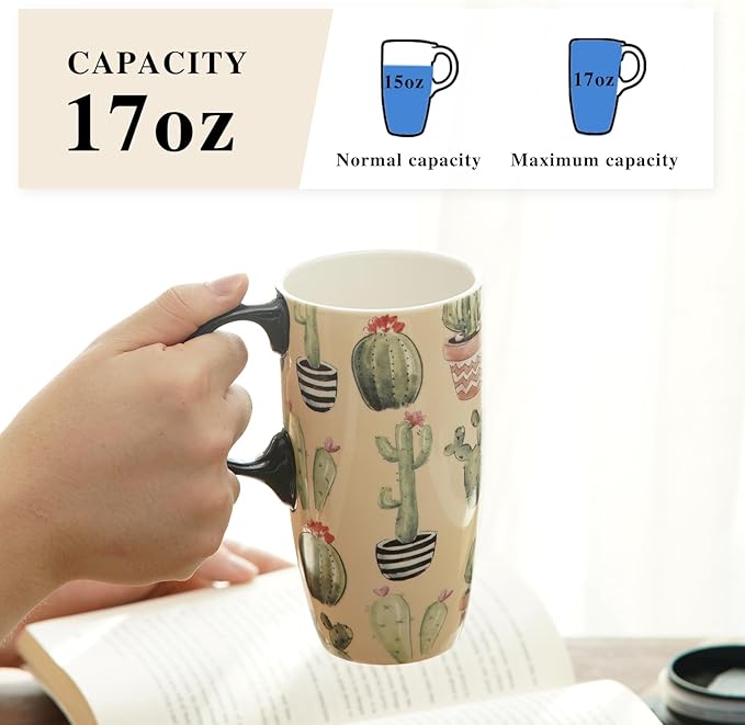 Topadorn Ceramic Mugs Porcelain Latte Tea Cup Coffee Mug with Lid and Handle Coffee Cup,17oz. Cactus