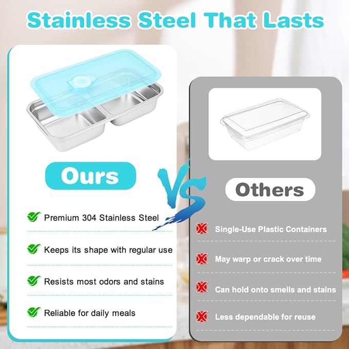 YQL 2 Pack Stainless Steel Food Containers with Lids, Double & Single Compartment Snack Boxes for Kids, Leakproof Reusable Bento Box for Lunch Prep, Travel, School, Camping