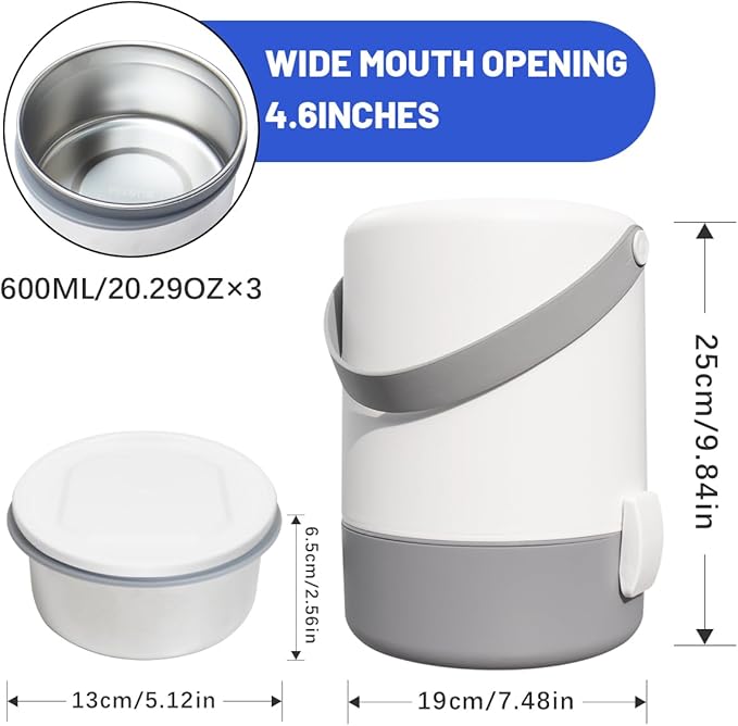 60.87oz Insulated Soup Container,Thermos Container For Hot Food,Contains 3 Tier Stainless Steel Leak Proof Stackable Thermal Food Jar,lunch box Containers For Office Picnic Travel Outdoors (White)