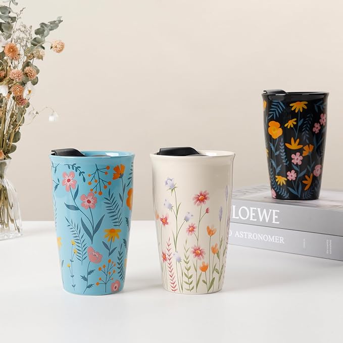 ANTIS'S HOME Ceramic Travel Mug with Lid, Flower Pattern Black Double Wall Coffee Mug Tumbler, Reusable Tall Cup, Splash Resistant Lid, Dishwasher Microwaveable Safe