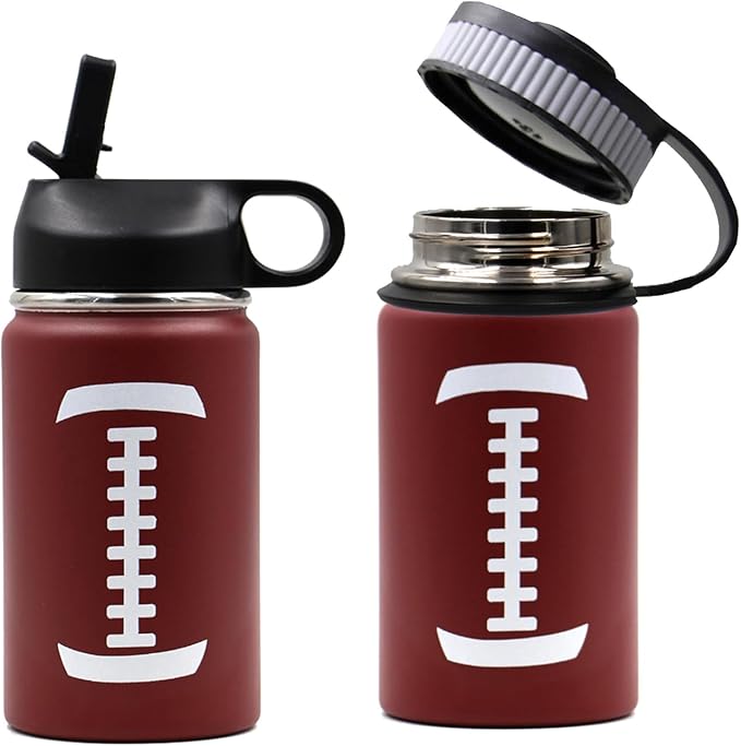 12 oz Football Water Bottle, Metal Sports Flask Thermo Travel Tumbler with 2 Lids, Stainless Steel Double Wall Vacuum Insulated Leak Proof Water Bottles, Football Accessories Gifts for Mom Boys Girls