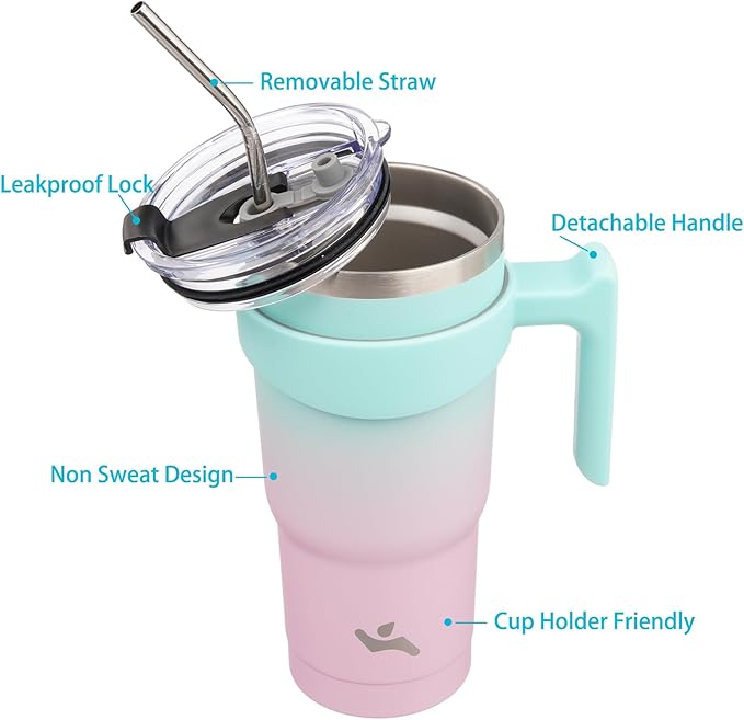20 oz Tumbler with Handle and 2 Straw 2 Lid, Insulated Water Bottle Stainless Steel Vacuum Cup Reusable Travel Mug,Gum