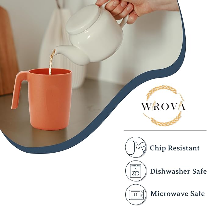 Wrova 16oz Wheat Straw Cups with handles set of 6-Plastic Cups Reusable-Unbreakable Kids Mugs-Dishwasher Safe & Microwave Safe-Ideal Plastic Mugs for Tea,Coffee,Camping,RV-Orange