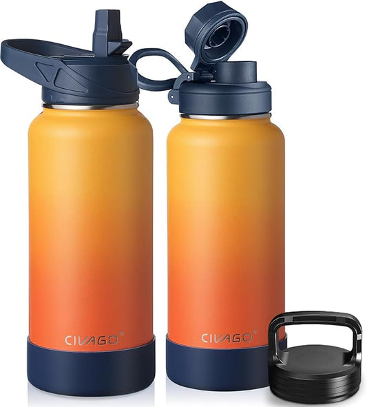 CIVAGO 32 oz Insulated Water Bottle With Straw, Stainless Steel Sports Water Cup Flask with 3 Lids (Straw, Spout and Handle Lid), Wide Mouth Travel Thermal Mug, Gradient Orange