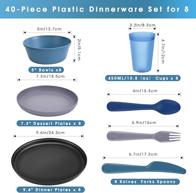 40-Piece Unbreakable Kids Dinnerware Set for Toddlers & Children, BPA-Free & Easy-Clean PP Plates and Bowls, Microwave & Dishwasher Safe, Complete Family Pack (Service for 8)