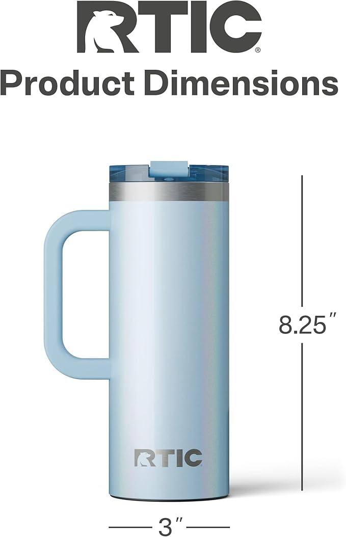 RTIC 20oz Road Trip Travel Mug with Lid and Handle, Ceramic Lined, Insulated, Stainless Steel, Metal, Double Wall Vacuum-Insulation, Portable Coffee, Tea Cup for Hot and Cold Drink, RTIC Ice Glitter