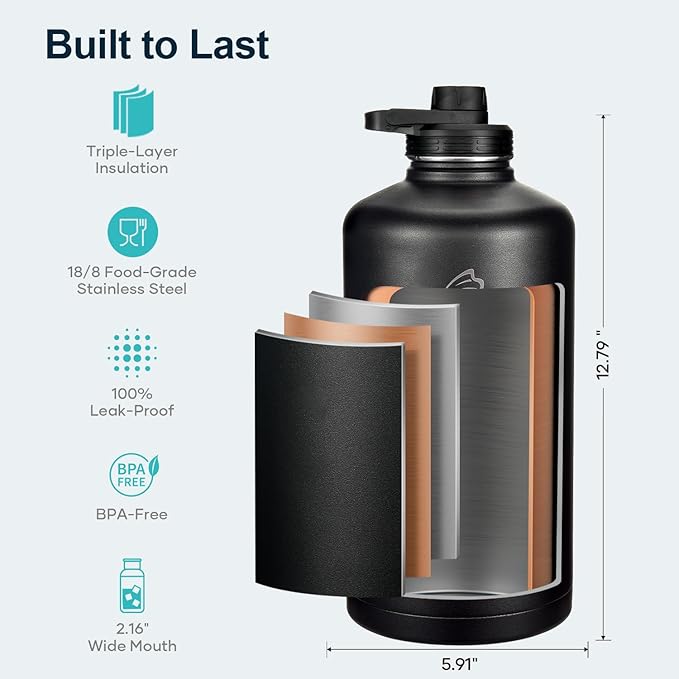BUZIO Gallon Water Bottle Insulated with straw and 3 lids, 128 oz Water Jug Large Vacuum Stainless Steel Metal Flask, Leak Proof & BPA-Free, Cold for 48 Hrs, Black