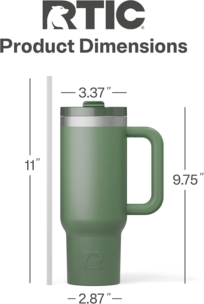 RTIC 30 oz Road Trip Tumbler Double-Walled Ceramic Lined InsulatedStainless Steel Portable Travel Coffee Mug Cup with Lid, Handle and Straw, Sage