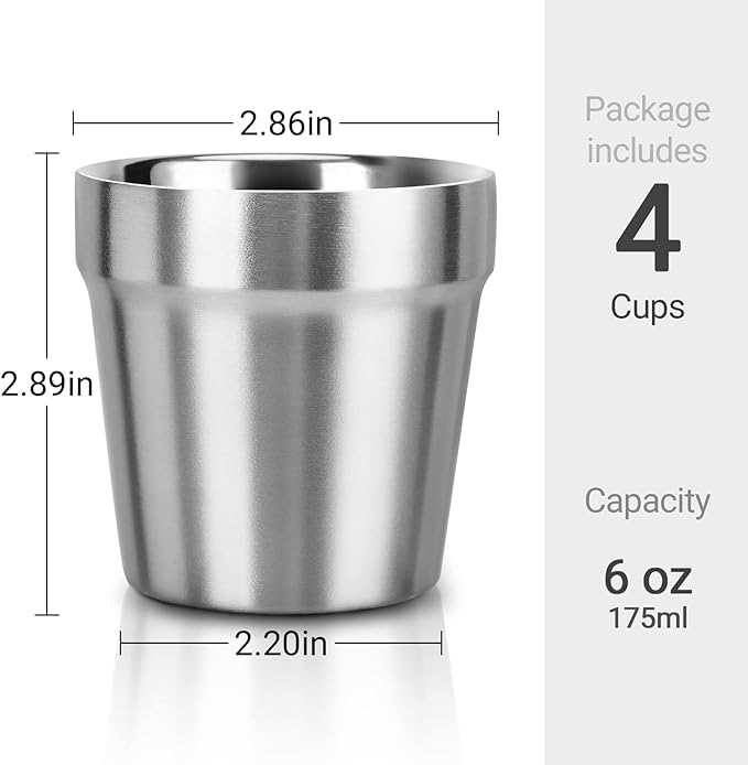 Beasea Mini Stainless Steel Cups, 6 oz Set of 4 Metal Drinking Cups, Stackable 304 Stainless Steel Cups Double Wall Small Metal Insulated Drinking Cups Glasses for Home Restaurant Party Camping