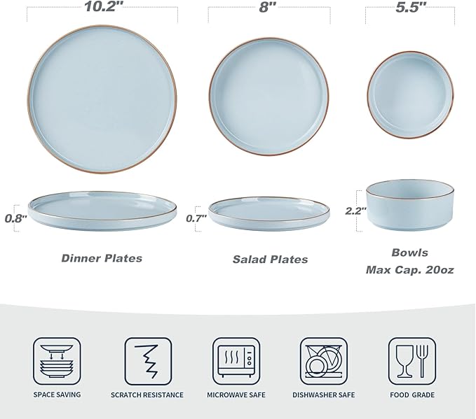 Famiware Nebula Plates and Bowls Sets for 4, 12 Pieces Stoneware Dinnerware Set, Microwave and Dishwasher Safe Dishes Set, Light Blue with Brown Rim