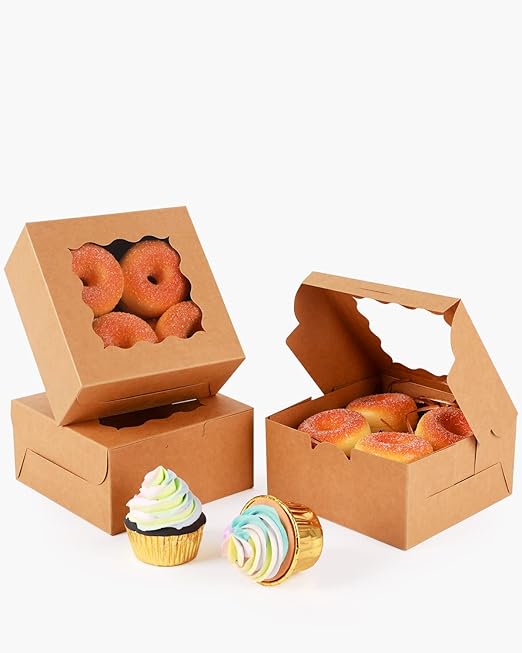 qiqee Kraft Cookie Boxes with Window 100packs 6x6x3 Brown Bakery Box Kraft Paper Boxes for Cookie, Pastry, Cupcake, Pie, Donut