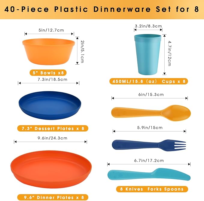 40-Piece Unbreakable Kids Dinnerware Set for Toddlers & Children, BPA-Free & Easy-Clean PP Plates and Bowls, Microwave & Dishwasher Safe, Complete Family Pack (Service for 8)
