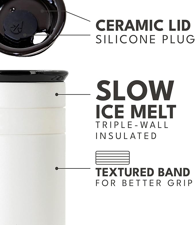 Elemental Artisan Insulated Tumbler, Triple Wall Coffee Travel Mug, Reusable Stainless Steel Coffee Tumbler with Ceramic Lid, Thermal Coffee Cups for Hot (6 Hrs) & Cold (18 Hrs), 12oz - Matte White